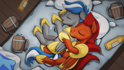 Size: 2560x1440 | Tagged: safe, artist:mysticalpha, derpibooru import, oc, oc only, oc:captain sunride, oc:cloud zapper, pegasus, pony, armor, bed, bedroom, blanket, bottle, cuddling, gay, male, mug, pegasus oc, pillow, royal guard, royal guard armor, sleeping, stallion, wings