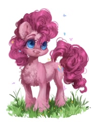 Size: 621x850 | Tagged: safe, artist:maggephah, derpibooru import, pinkie pie, butterfly, earth pony, pony, chest fluff, ear fluff, female, flank fluff, grass, looking at something, looking up, mare, partial background, smiling, solo, standing, tongue out, unshorn fetlocks