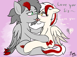 Size: 2000x1500 | Tagged: safe, artist:move, derpibooru import, oc, oc only, oc:arya, oc:move, pegasus, blushing, colored, cutie mark, duo, female, flat colors, golden eyes, green eyes, incest, love, male, mlem, pink background, silly, simple background, sitting, sitting on lap, smiling, tongue out