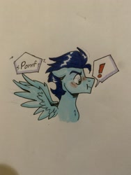 Size: 3024x4032 | Tagged: safe, artist:dufflebags, derpibooru import, soarin', :i, bust, embarrassed, spread wings, traditional art, wingboner, wings