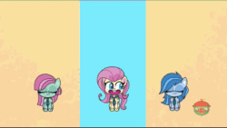 Size: 800x450 | Tagged: safe, derpibooru import, screencap, fluttershy, minty, earth pony, pegasus, pony, my little pony: pony life, the trail less trotten, spoiler:pony life s01e07, animated, archery, arrow, badge, binoculars, bow (weapon), cupcake, fishing rod, flag, food, gif, guitar, happy, marshmallow, musical instrument, paddle, rage quit, sulking, trumpet, unhappy, unnamed character, unnamed pony
