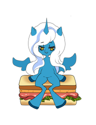 Size: 784x1019 | Tagged: safe, artist:gitsudoptions, derpibooru import, oc, oc:fleurbelle, alicorn, anthro, adorabelle, alicorn oc, cute, female, food, golden eyes, horn, mare, sandwich, wings