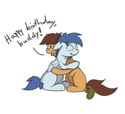 Size: 2190x2000 | Tagged: safe, artist:kippzu, derpibooru import, oc, oc only, oc:slipstream, earth pony, pegasus, pony, birthday, commission, dialogue, floppy ears, high res, hug, simple background, transparent background