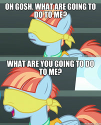 Size: 600x744 | Tagged: safe, derpibooru import, edit, edited screencap, screencap, windy whistles, pegasus, pony, parental glideance, blindfold, caption, family guy, female, image macro, mare, text