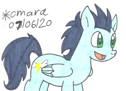 Size: 794x579 | Tagged: safe, artist:cmara, derpibooru import, soarin', pegasus, pony, backwards cutie mark, happy, male, old cutie mark, open mouth, simple background, smiling, solo, stallion, traditional art, white background