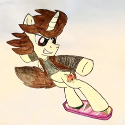 Size: 3015x3024 | Tagged: safe, artist:ejlightning007arts, derpibooru import, oc, oc only, oc:ej, alicorn, alicorn oc, back to the future, clothes, horn, hoverboard, jacket, male, shirt, stallion, traditional art, wavy mane, wings