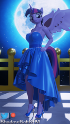 Size: 2160x3840 | Tagged: safe, artist:shadowboltsfm, derpibooru import, twilight sparkle, twilight sparkle (alicorn), alicorn, anthro, plantigrade anthro, 3d, 4k, beautiful, blender, clothes, dress, eyelashes, hand on hip, high heels, looking at you, moon, nail polish, shoes, smiling, standing, toenail polish, wings