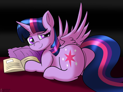 Size: 2234x1672 | Tagged: safe, artist:exploretheweb, derpibooru import, twilight sparkle, twilight sparkle (alicorn), alicorn, pony, book, butt, female, grin, looking at you, looking back, looking back at you, mare, pillow, plot, prone, smiling, solo, spread wings, twibutt, wings