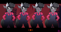 Size: 6808x3600 | Tagged: safe, derpibooru import, oc, oc:grey matter, anthro, pony, blinking, cerberus (helltaker), clothes, cosplay, costume, dancing, ear fluff, helltaker, simple background