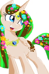 Size: 380x569 | Tagged: safe, artist:kiwwsplash, derpibooru import, oc, oc only, alicorn, pony, alicorn oc, eyelashes, flower, flower in hair, horn, jewelry, necklace, open mouth, simple background, smiling, solo, white background, wings