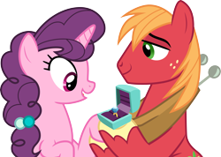 Size: 4220x3000 | Tagged: safe, artist:cloudyglow, derpibooru import, big macintosh, sugar belle, earth pony, pony, unicorn, the big mac question, .ai available, female, freckles, high res, holding hands, jewelry, male, mare, marriage proposal, ring, shipping, simple background, stallion, straight, sugarmac, transparent background, vector