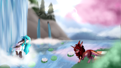 Size: 1190x671 | Tagged: safe, artist:honeybbear, derpibooru import, oc, oc only, oc:beatz, pegasus, pony, unicorn, female, mare, waterfall