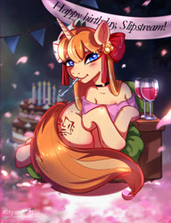 Size: 2300x3000 | Tagged: safe, artist:kityenmatoi, derpibooru import, oc, oc:kestrel, oc:slipstream, fox, blue eyes, female, happy birthday, kitsune, looking at you, my oc, solo