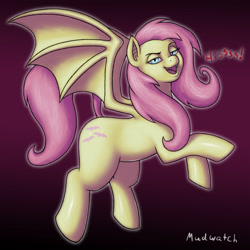 Size: 2400x2400 | Tagged: safe, artist:mudwatch, derpibooru import, fluttershy, bat pony, pegasus, pony, bat ponified, bat wings, cutie mark, digital art, fangs, female, flutterbat, flying, gradient background, hissing, looking at you, mare, onomatopoeia, race swap, solo, sound effects, species swap, spread wings, tail, wings