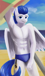 Size: 850x1417 | Tagged: safe, artist:kitsubstitute the cheetah, derpibooru import, oc, oc only, oc:six string, anthro, pegasus, abs, armpits, beach, beach umbrella, clothes, commission, cutie mark, digital art, featureless chest, looking at you, male, ocean, partial nudity, sky, solo, speedo, swimsuit, tail, topless, wings