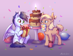 Size: 4372x3319 | Tagged: safe, artist:buttersprinkle, derpibooru import, oc, oc only, oc:slipstream, oc:sock, earth pony, pegasus, balloon, birthday, birthday cake, cake, clothes, commission, confetti, duo, earth pony oc, food, hairpin, pegasus oc, present, socks, wings