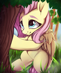 Size: 530x635 | Tagged: safe, artist:hitbass, derpibooru import, fluttershy, pegasus, pony, cute, female, fluttertree, grass, mare, shyabetes, touch, tree