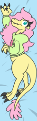 Size: 1417x4535 | Tagged: safe, artist:threetwotwo32232, derpibooru import, fluttershy, oc, oc:raptorshy, dinosaur, velociraptor, clothes, dakimakura cover, female, hoodie, solo, veloshyraptor