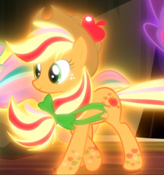 Size: 867x926 | Tagged: safe, derpibooru import, screencap, applejack, earth pony, pony, do princesses dream of magic sheep, cropped, glow, rainbow power, rainbow power-ified, smiling, solo