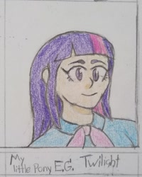 Size: 954x1193 | Tagged: safe, alternate version, artist:king_kaleo626, derpibooru import, twilight sparkle, human, equestria girls, bust, clothes, female, smiling, solo, traditional art