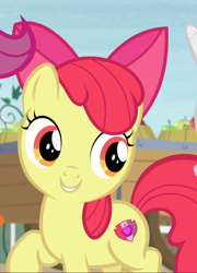 Size: 674x935 | Tagged: safe, derpibooru import, screencap, apple bloom, hard to say anything, adorabloom, cropped, cute, raised hoof, smiling, solo