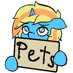 Size: 256x256 | Tagged: safe, artist:move, derpibooru import, oc, oc only, oc:skydreams, pony, unicorn, asking for it, blue eyes, blue fur, emotes, horn, pets, sign, solo, yellow mane