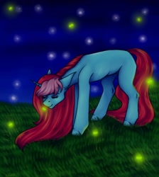 Size: 1080x1204 | Tagged: safe, artist:ash_helz, derpibooru import, oc, oc only, firefly (insect), insect, pony, unicorn, eyes closed, grass, horn, night, outdoors, solo, unicorn oc