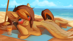 Size: 4098x2304 | Tagged: source needed, safe, artist:alkatoster, artist:lapa, derpibooru import, oc, oc only, oc:aerion featherquill, pegasus, pony, commission, eyebrows visible through hair, female, heart shaped glasses, looking at you, mare, ocean, solo, spread wings, sunbathing, sunglasses, wings, ych result