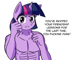 Size: 2111x1772 | Tagged: safe, artist:artiks, derpibooru import, twilight sparkle, anthro, angry, dialogue, female, muscles, simple background, solo, swole, twilight muscle, vulgar, white background