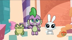 Size: 1920x1080 | Tagged: safe, derpibooru import, screencap, angel bunny, gummy, spike, alligator, dragon, rabbit, death of a sales-pony, my little pony: pony life, spoiler:pony life s01e08, animal, treehouse logo, trio