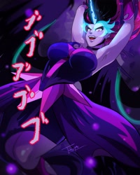 Size: 2117x2646 | Tagged: safe, artist:traupa, derpibooru import, midnight sparkle, twilight sparkle, demon, equestria girls, armpits, breasts, dark, dark fantasy, female, high res, jojo reference, jojo's bizarre adventure, open mouth, smiling