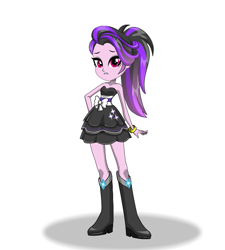 Size: 577x640 | Tagged: safe, derpibooru import, oc, oc only, oc:glitter edge, equestria girls, bare shoulders, boots, clothes, clothes swap, dress, eqg promo pose set, equestria girls creator, looking at you, shoes, simple background, sleeveless, solo, strapless, white background