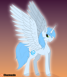 Size: 3000x3472 | Tagged: safe, artist:chazmazda, derpibooru import, oc, oc only, oc:icefumy, alicorn, pony, alicorn oc, blue hair, eye shimmer, eye shine, feather, flat color, fullbody, glow, gradient background, hair, hooves, horn, shine, solo, spread wings, wings