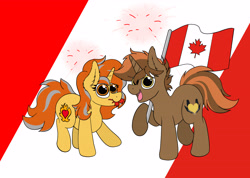 Size: 4205x3000 | Tagged: safe, artist:aaathebap, derpibooru import, oc, oc only, oc:cinderheart, oc:shadowheart, pony, unicorn, canada, canada day, canadian flag, celebration, commission, maple leaf, raised hoof, siblings, twins