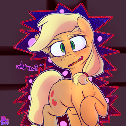 Size: 3000x3000 | Tagged: safe, artist:packy paca, derpibooru import, applejack, earth pony, pony, angry, hatless, looking at you, missing accessory, text