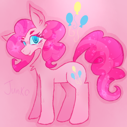 Size: 600x600 | Tagged: safe, artist:junko, derpibooru exclusive, derpibooru import, pinkie pie, earth pony, pony, alternate hairstyle, beanbrows, big ears, chest fluff, cute, diapinkes, ear fluff, eyebrows, eyelashes, fluffy mane, incorrect mane, looking at you, poofy mane, profile, side view, simple background, smiling, solo, sparkles, sparkly mane, standing