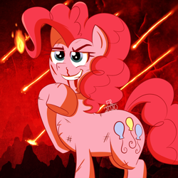 Size: 1500x1500 | Tagged: safe, artist:feralroku, derpibooru import, pinkie pie, earth pony, pony, blood, fire, mane on fire, nosebleed, raised eyebrow, raised hoof, smiling, solo, wiping