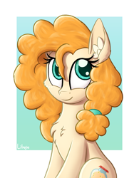 Size: 1250x1600 | Tagged: safe, artist:litrojia, derpibooru import, pear butter, earth pony, pony, abstract background, cheek fluff, chest fluff, cute, ear fluff, female, looking at you, mare, pearabetes, sitting, smiling, solo