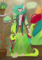 Size: 2480x3508 | Tagged: safe, artist:lunathemoongod, derpibooru import, oc, oc:glorymoon blossom, anthro, earth pony, original species, plant pony, clothes, plant, solo, wood