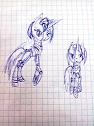 Size: 810x1080 | Tagged: safe, artist:kiwwsplash, derpibooru import, oc, oc only, pony, robot, robot pony, duo, graph paper, lineart, traditional art