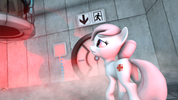 Size: 1920x1080 | Tagged: safe, artist:phenioxflame, derpibooru import, nurse redheart, earth pony, pony, 3d, butt, female, mare, plot, portal, portal (valve), portal gun, scared, solo, source filmmaker, worried