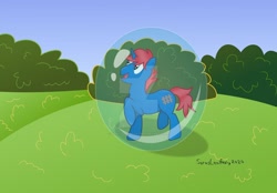 Size: 1024x714 | Tagged: safe, artist:sorasleafeon, derpibooru import, oc, oc only, oc:train track, unicorn, blue sky, bubble, bush, deviantart watermark, happy, horn, looking up, male, obtrusive watermark, open mouth, original character do not steal, smiling, solo, unicorn oc, vector, watermark