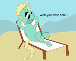 Size: 1280x1024 | Tagged: safe, artist:teddieatwork, derpibooru import, zephyr breeze, pegasus, beach, beach chair, relaxing, wish you were here