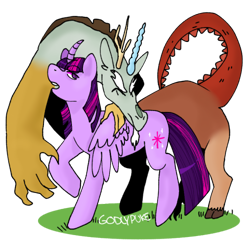 Size: 500x500 | Tagged: safe, artist:godlypuke, derpibooru import, discord, twilight sparkle, twilight sparkle (alicorn), alicorn, grass, signature, simple background, transparent background