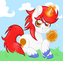 Size: 700x671 | Tagged: safe, artist:ninnydraws, derpibooru import, oc, oc:stroop, oc:stroopwafeltje, oc:waffles, unicorn, cloud, convention:ponyconholland, cute, delicious, food, grass, hoof fluff, magic, ponyconholland, prone, sky, smiling, stroopwafel, unshorn fetlocks, waffle, white coat