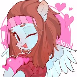 Size: 2048x2048 | Tagged: safe, artist:amo, derpibooru import, oc, oc only, pegasus, pony, bust, clothes, cute, floating heart, hairband, heart, ocbetes, one eye closed, open mouth, portrait, solo, wink