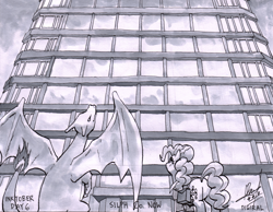 Size: 4576x3554 | Tagged: safe, artist:digiral, derpibooru import, pinkie pie, earth pony, pony, building, charizard, monochrome, pokémon, traditional art