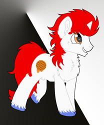 Size: 564x677 | Tagged: safe, artist:sorajona, derpibooru import, oc, oc:stroop, oc:stroopwafeltje, oc:waffles, pony, unicorn, cheek fluff, chest fluff, convention, convention:ponyconholland, cutie mark, hair, male, netherlands, ponyconholland, red hair, smiling, solo, stallion, tail, unshorn fetlocks