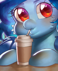 Size: 2081x2544 | Tagged: safe, artist:klooda, derpibooru import, oc, oc:tazzee, bat pony, blushing, bust, coffee, commission, cute, female, finished commission, hooves on the table, looking at you, mare, portrait, red eyes, sipping, solo, spread wings, wings, ych result