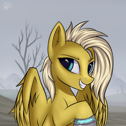 Size: 3000x3000 | Tagged: safe, artist:xanter, derpibooru import, oc, oc only, oc:psychoshy, pegasus, pony, fallout equestria, fallout equestria: project horizons, bust, dead tree, ear fluff, eye reflection, fanfic, fanfic art, female, high res, mare, portrait, power hoof, raised hoof, reflection, smiling, solo, spread wings, tree, wings